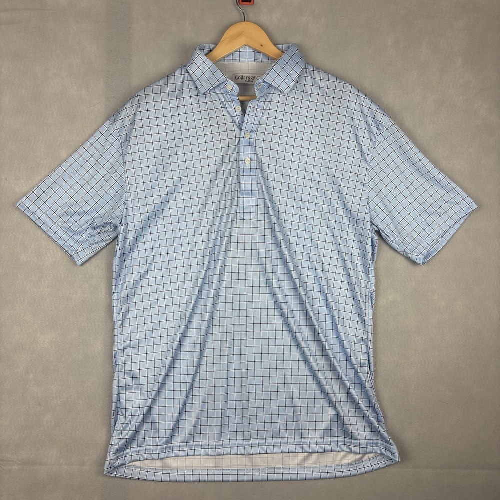 Collars & Co Dress Collar Polo Mens XL Blue Windowpane Check Stretch Preppy
